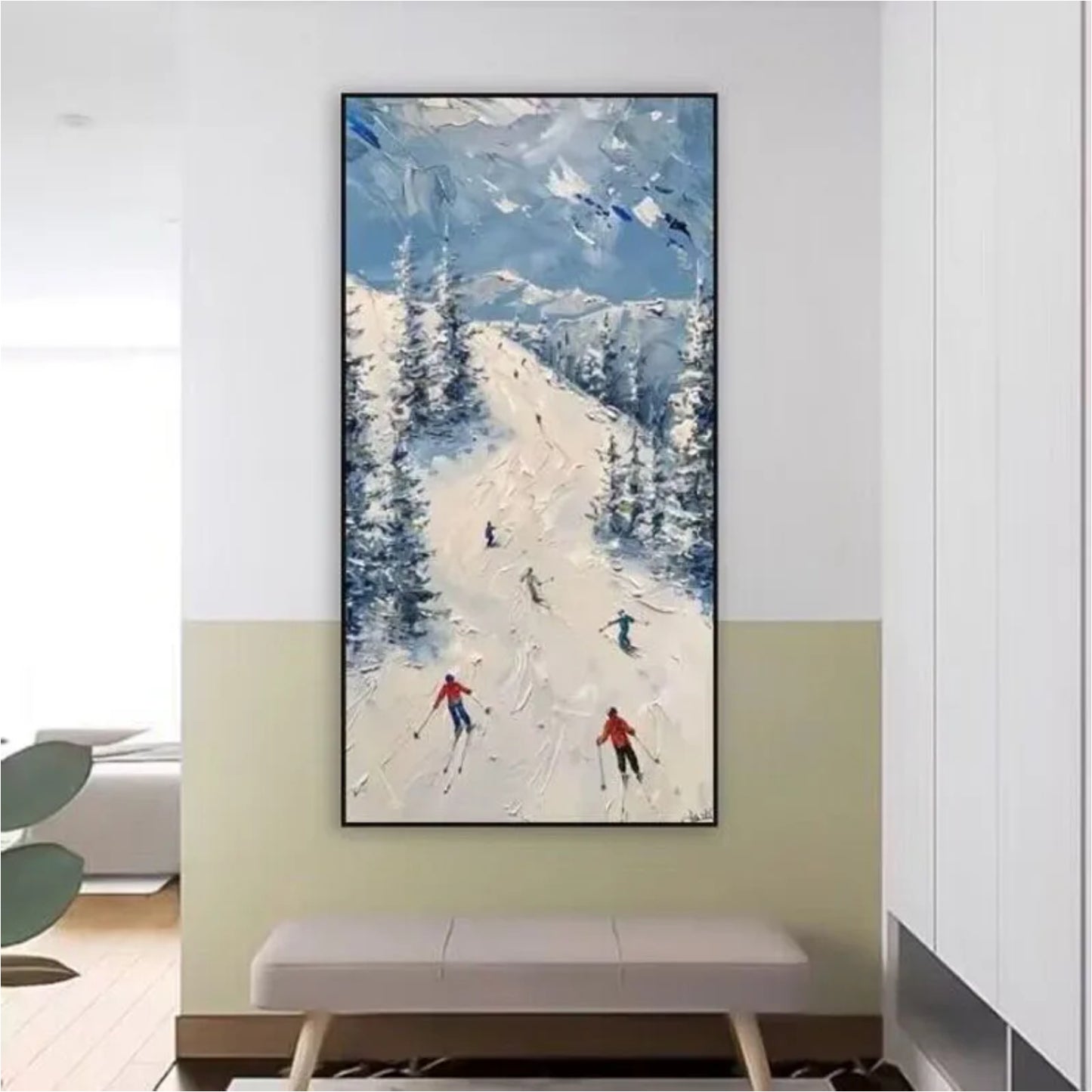 Modern Snowy Mountain Skiing Oil Painting Art