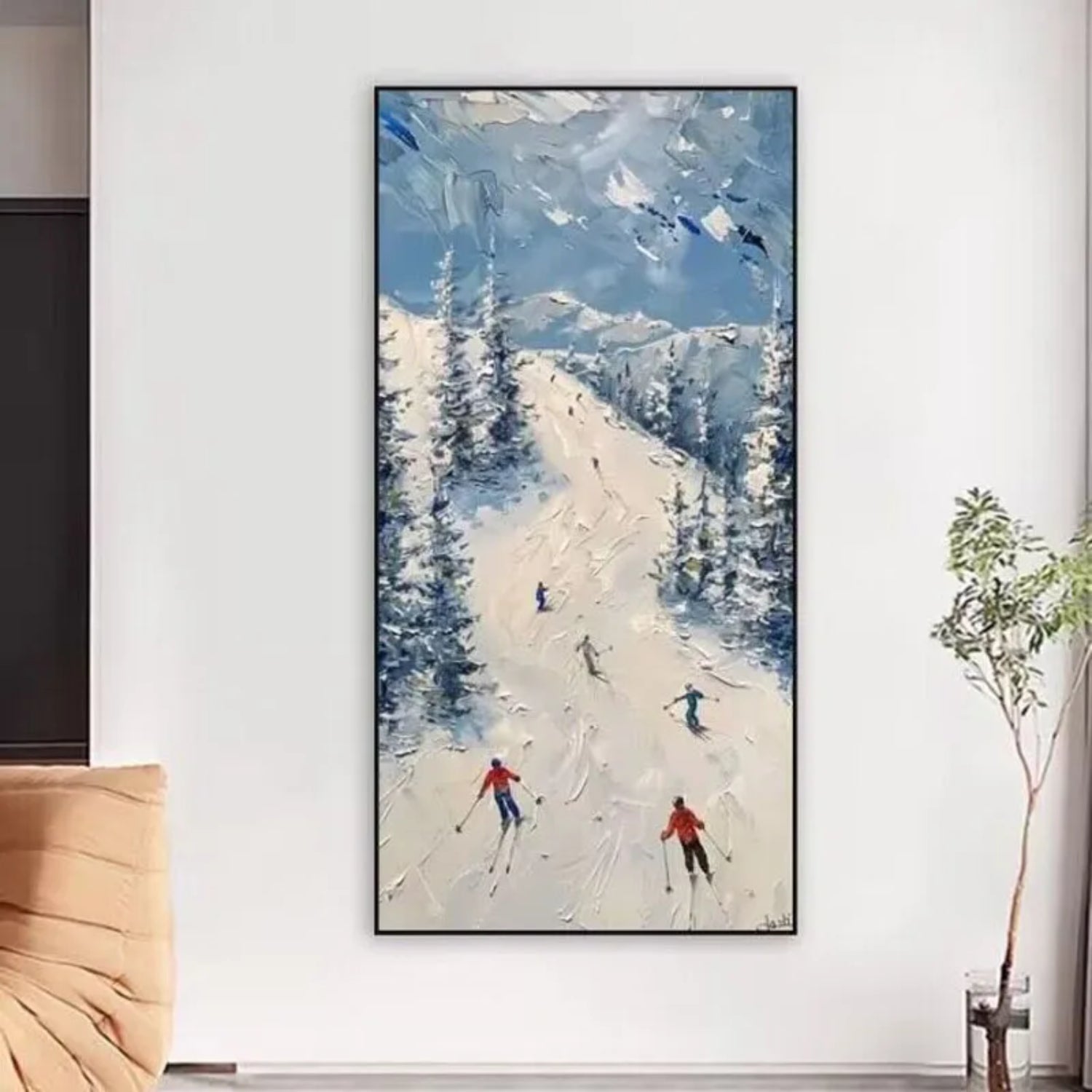 Modern Snowy Mountain Skiing Oil Painting Art