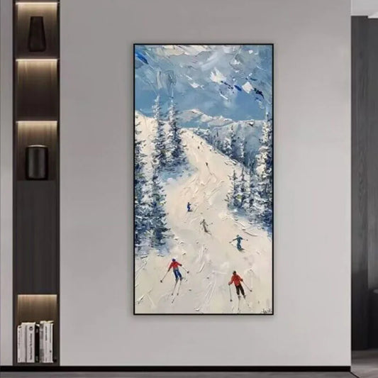 Modern Snowy Mountain Skiing Oil Painting Art