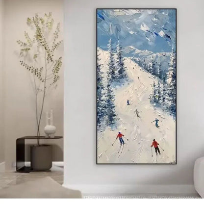 Modern Snowy Mountain Skiing Oil Painting Art