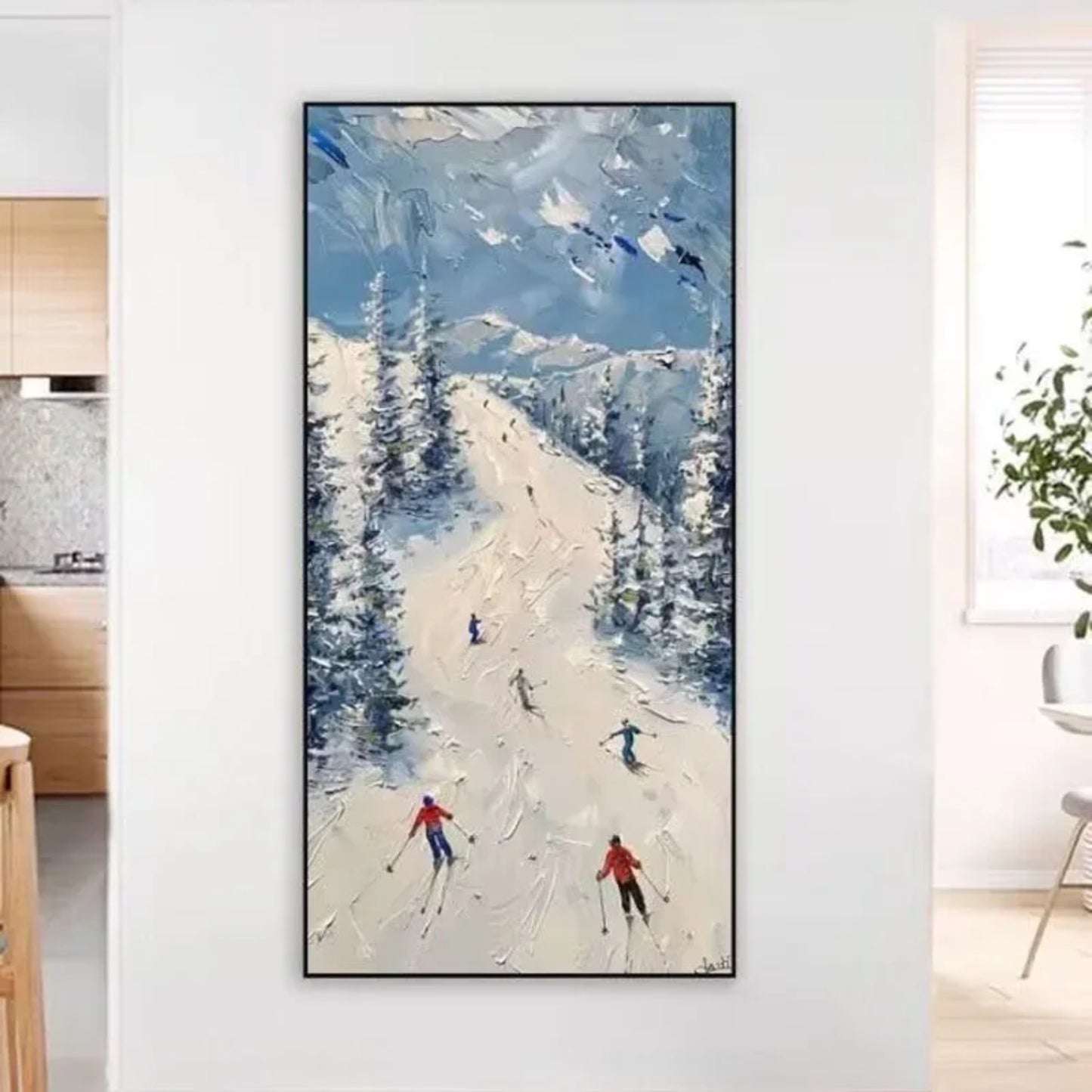 Modern Snowy Mountain Skiing Oil Painting Art