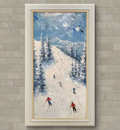 Modern Snowy Mountain Skiing Oil Painting Art