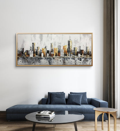 Pittura a olio acrilica moderna dell'orizzonte urbano della città