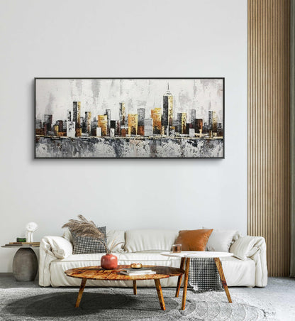 Pittura a olio acrilica moderna dell'orizzonte urbano della città