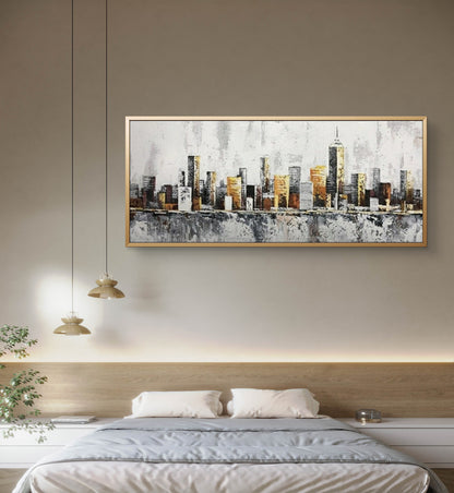 Pittura a olio acrilica moderna dell'orizzonte urbano della città