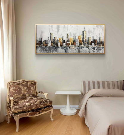 Pittura a olio acrilica moderna dell'orizzonte urbano della città