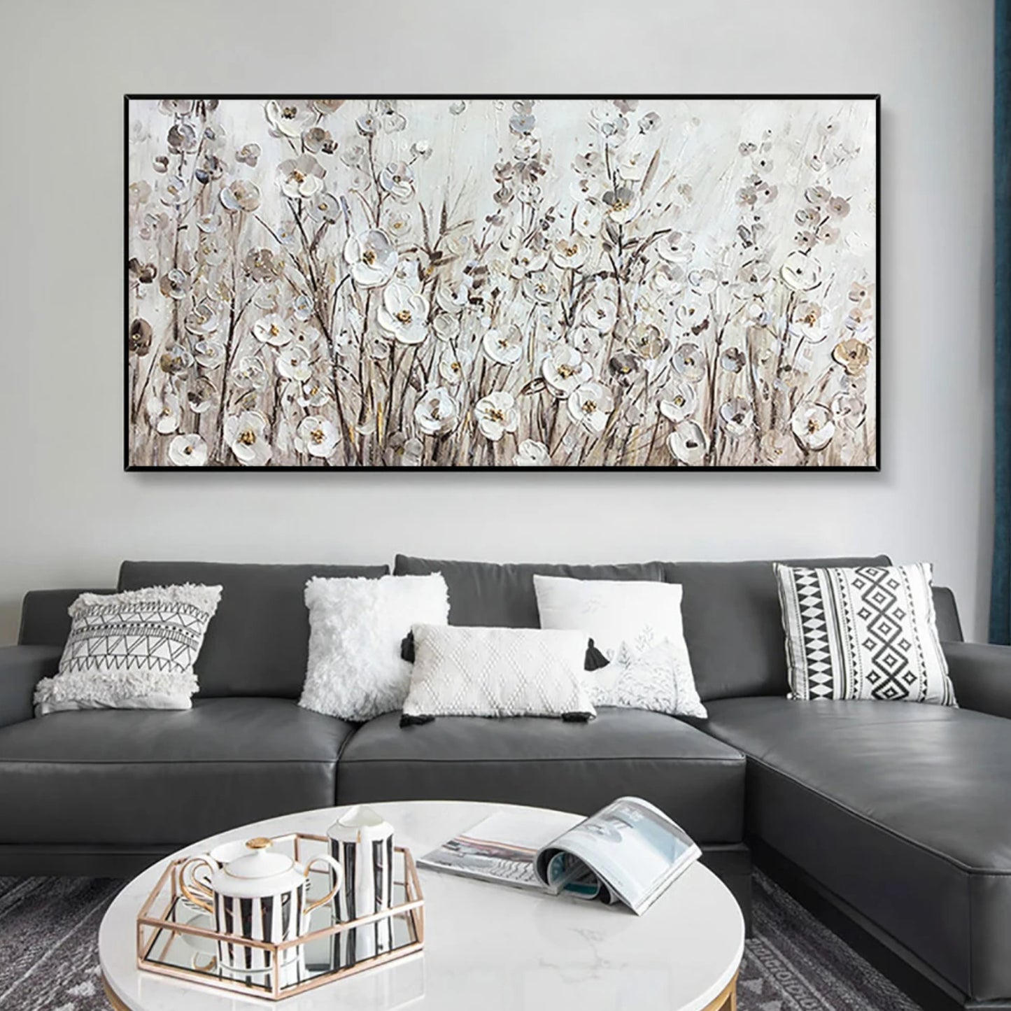 Modern White Spring Flowers Textured Wall Decor Art