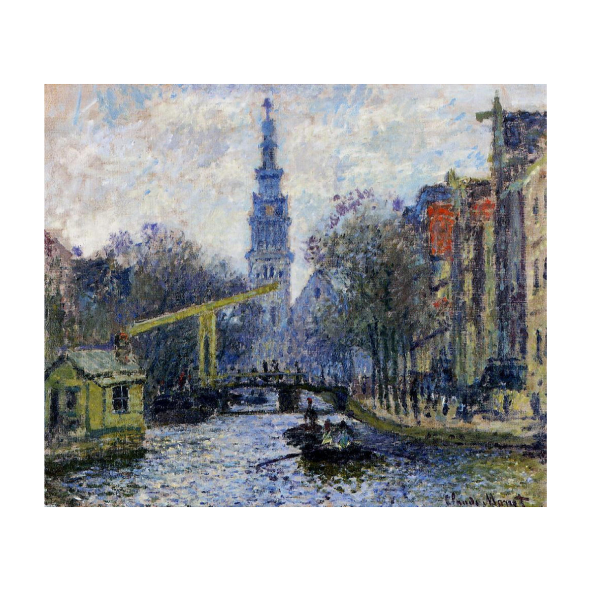 Amsterdam canal with a tower, drawbridge, moored boats and waterside buildings.