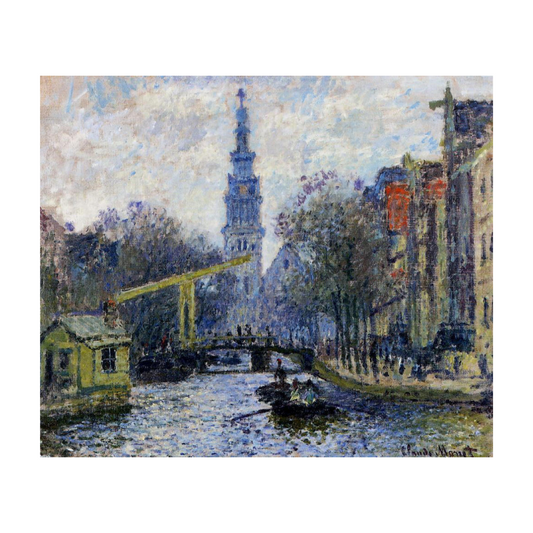 Amsterdam canal with a tower, drawbridge, moored boats and waterside buildings.