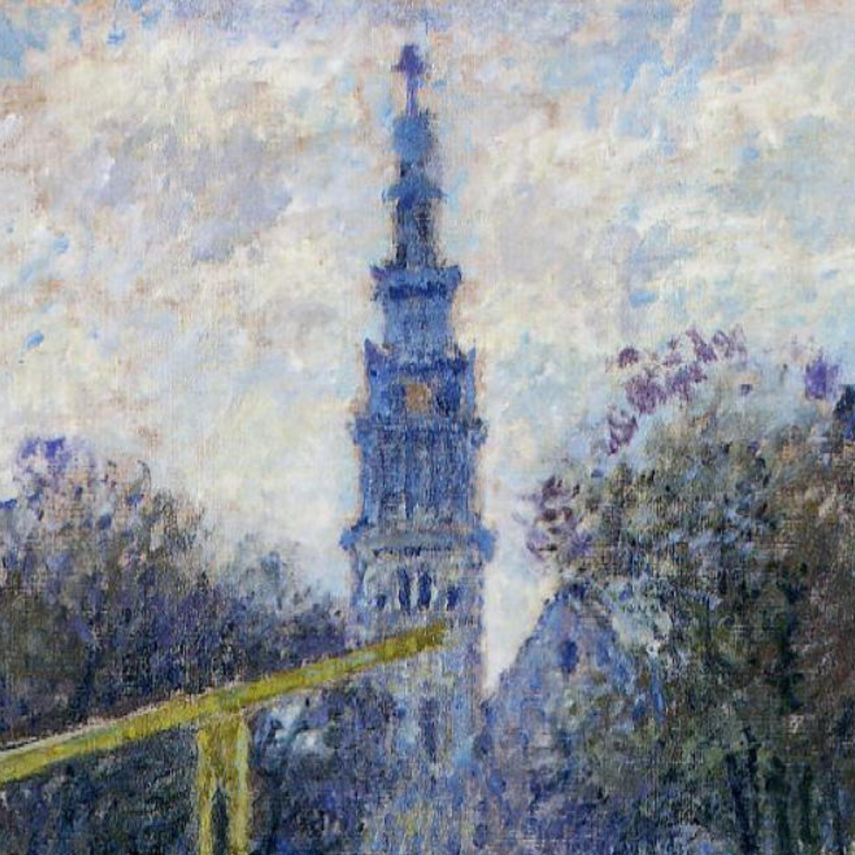 Close-up of the distant tower above a canal drawbridge.