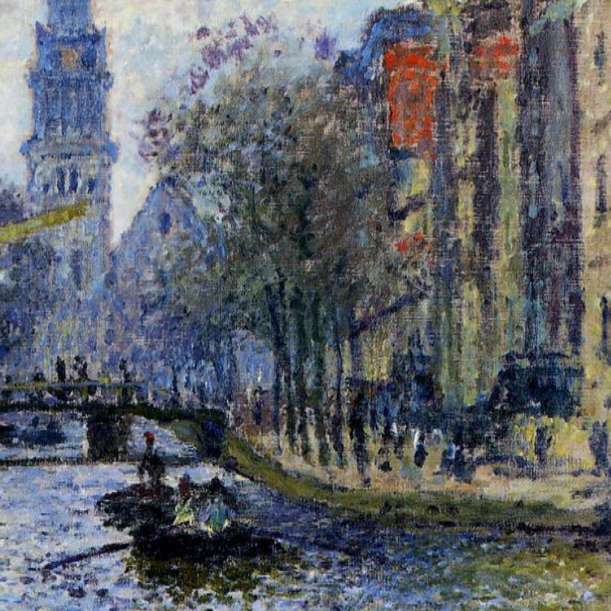 Detail of moored boats, canal houses and tree-lined reflections.