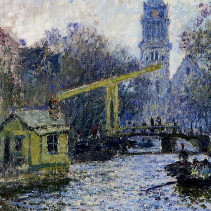 Close-up of a drawbridge and violet-blue canal water.