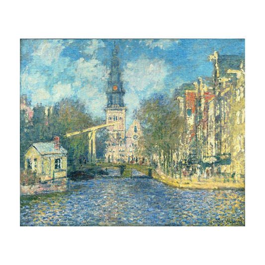 Amsterdam canal with a clock tower, drawbridge and waterside buildings.