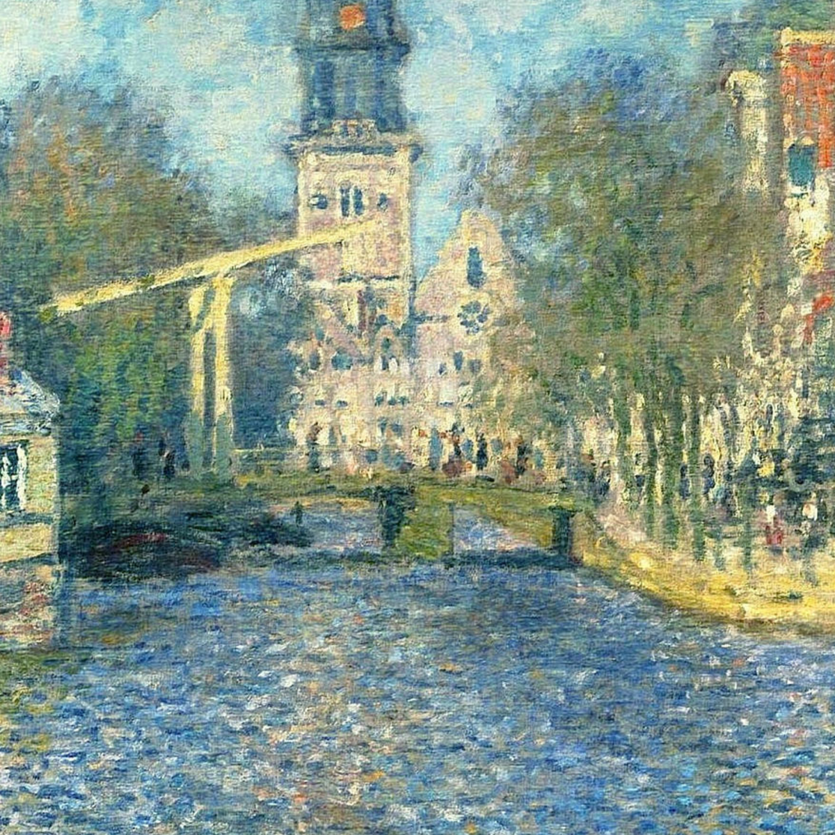 Close-up of a clock tower and canal reflections.