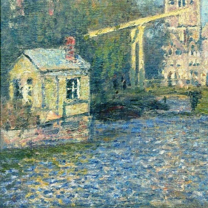 Detail of a drawbridge and small waterside building.