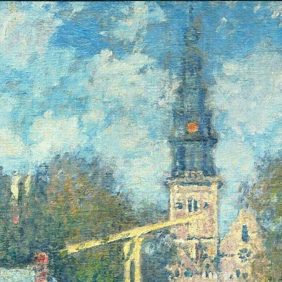Close-up of the clock tower beneath a lively blue sky.