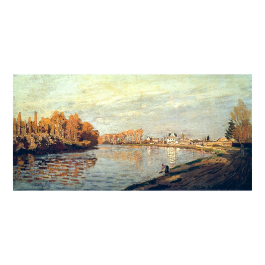 Autumn river landscape with golden trees, pale blue water and a curving riverbank.