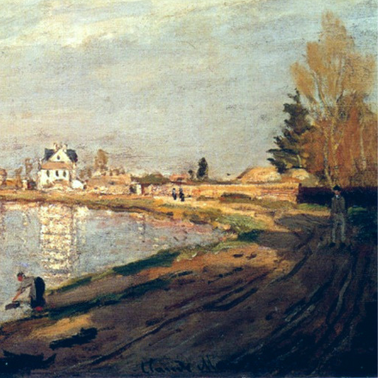 Detail of a sunlit riverbank, distant houses and autumn trees.