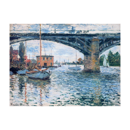 Arched bridge across blue water, with sailboats and riverside buildings.