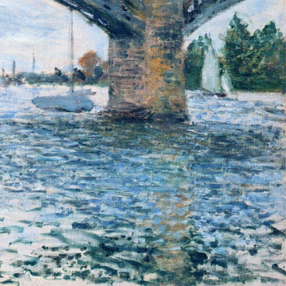 Detail of bridge arches, a stone pier and rippling blue water.