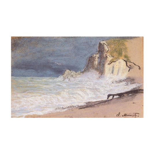 Pale chalk cliffs and foaming waves beneath a grey-blue sky.