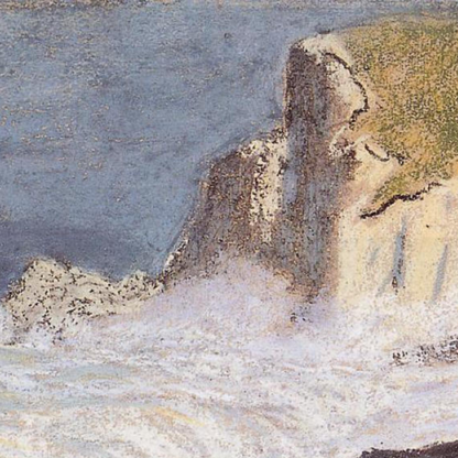 Close-up of white cliff faces above the foaming shoreline.