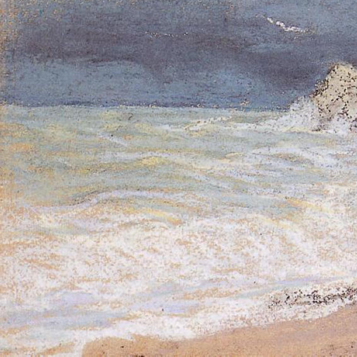 Detail of breaking waves and pale sea beneath a moody sky.