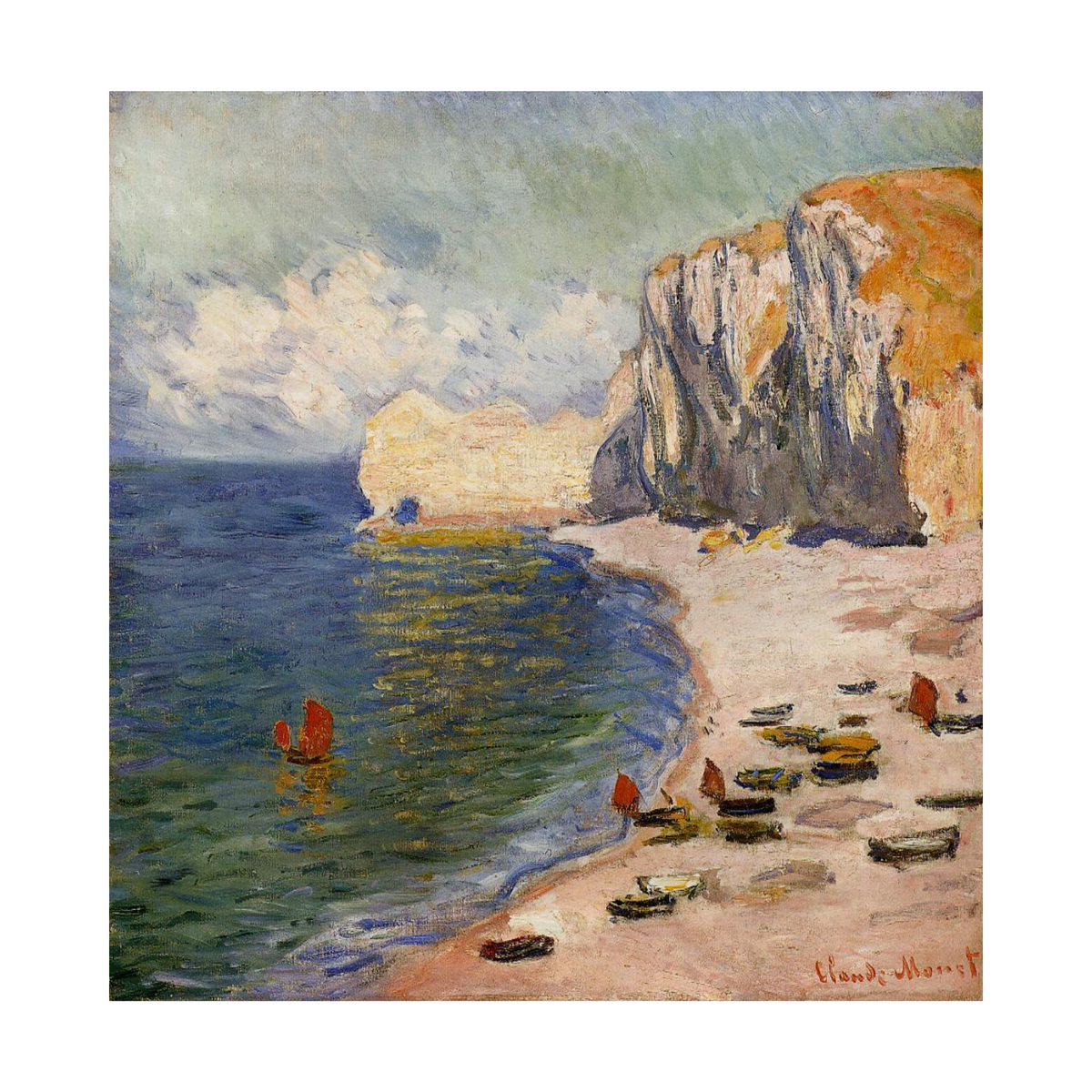 Étretat beach with chalk cliffs, fishing boats and red sails.