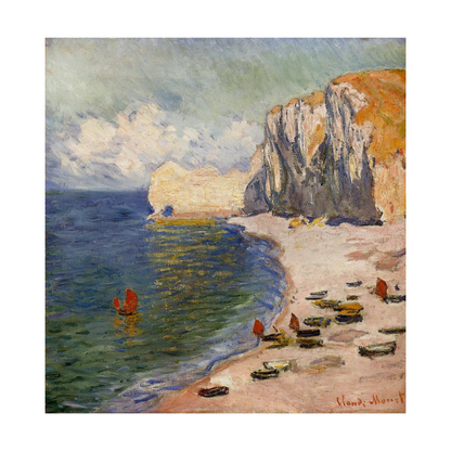 Étretat beach with chalk cliffs, fishing boats and red sails.