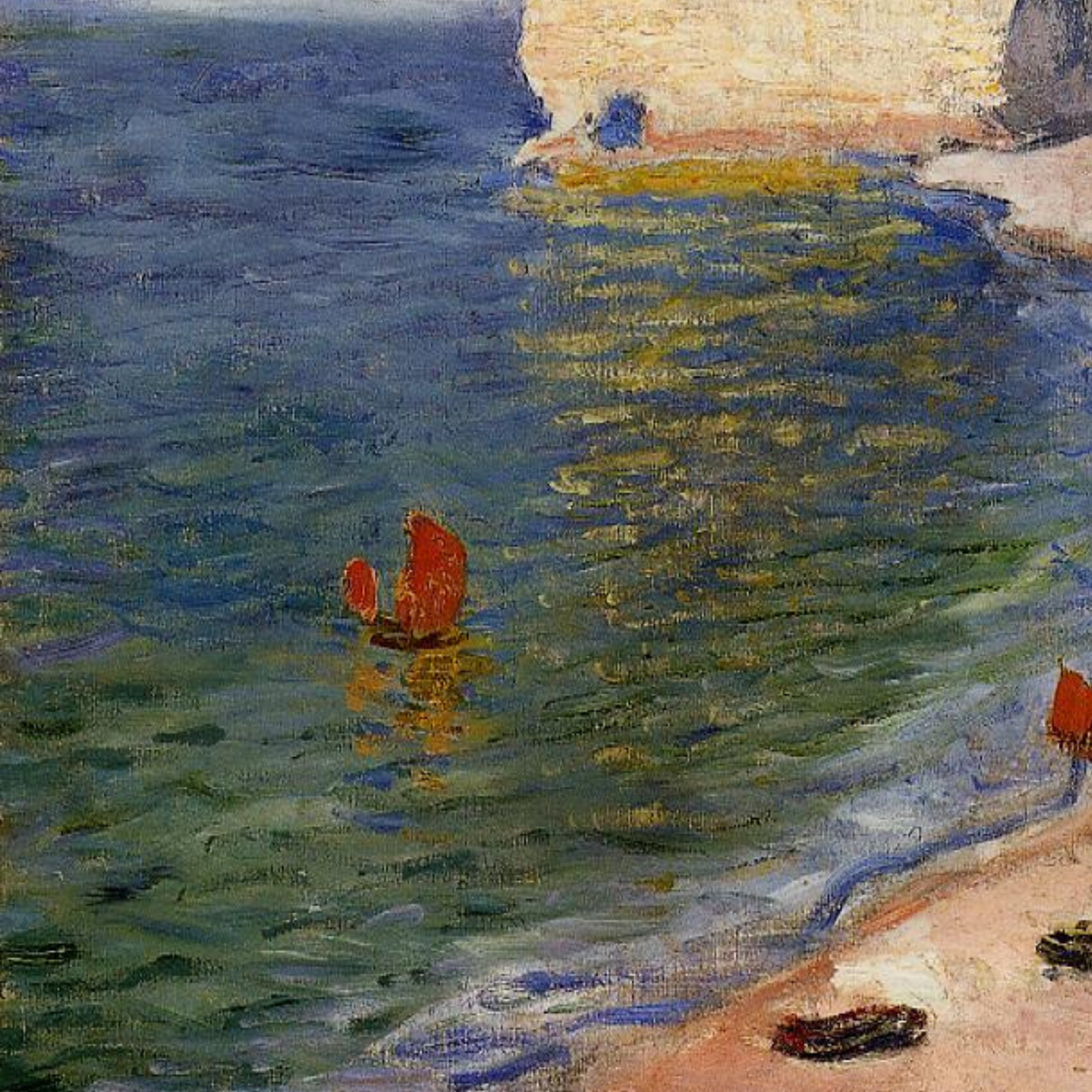 Detail of red sails, shoreline boats and yellow reflections.