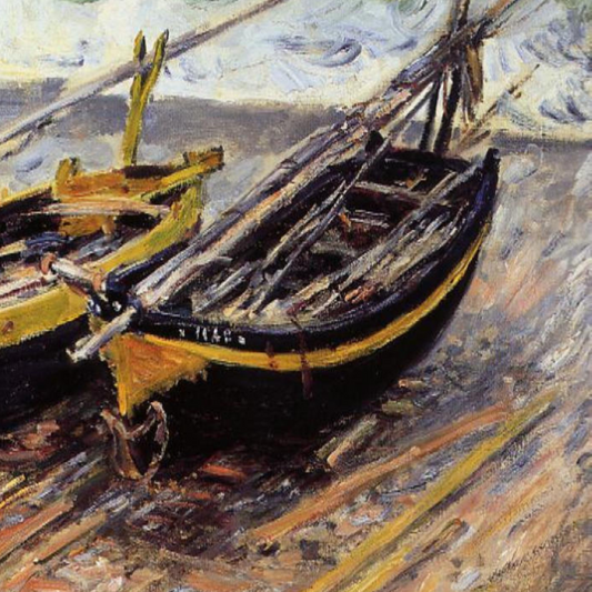Close-up of a dark wooden fishing boat with yellow trim.
