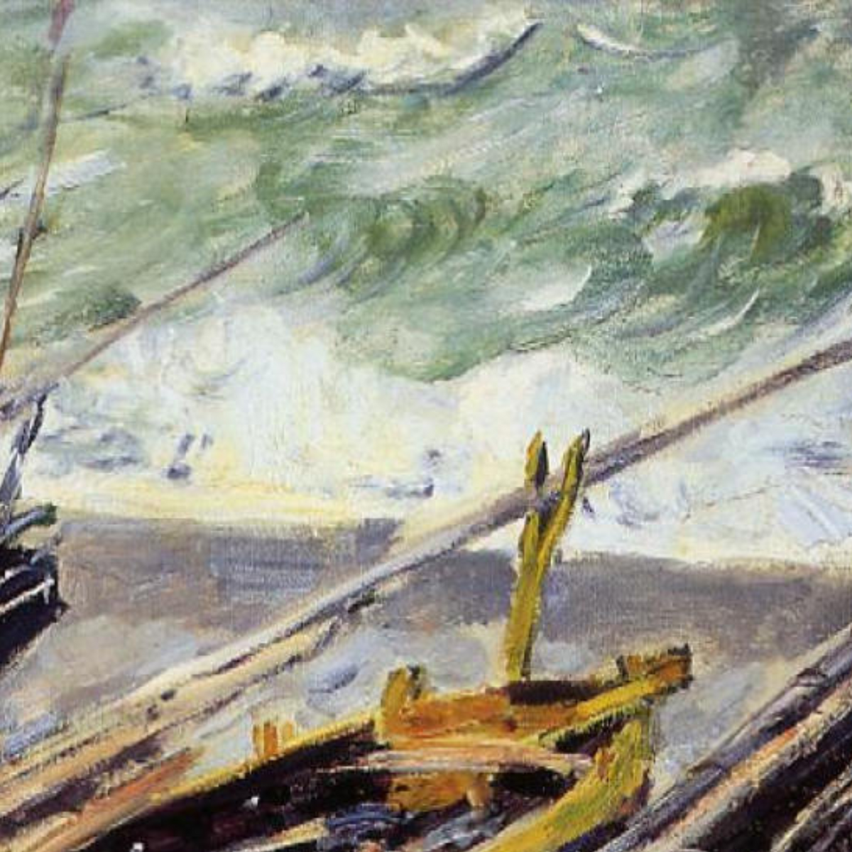 Close-up of fishing boats against foaming blue-green waves.