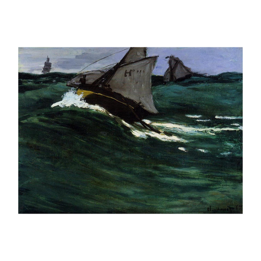 Fishing boats with dark sails riding rough green waves.