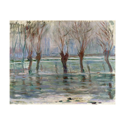 Bare willow trees standing in pale blue-green floodwater.