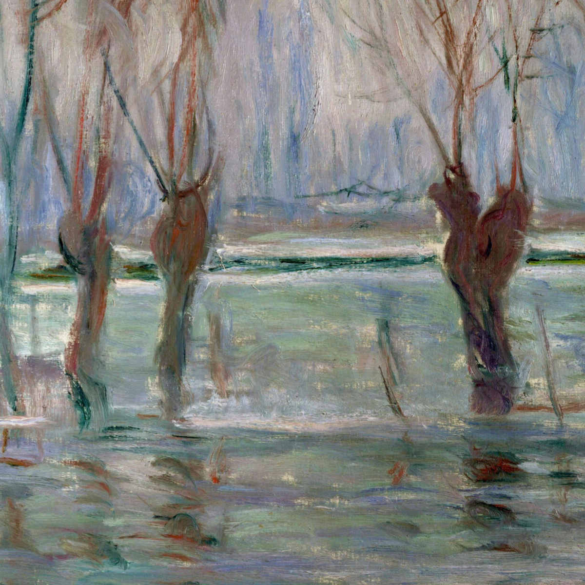 Close-up of brown willow trunks reflected in cool blue-green water.