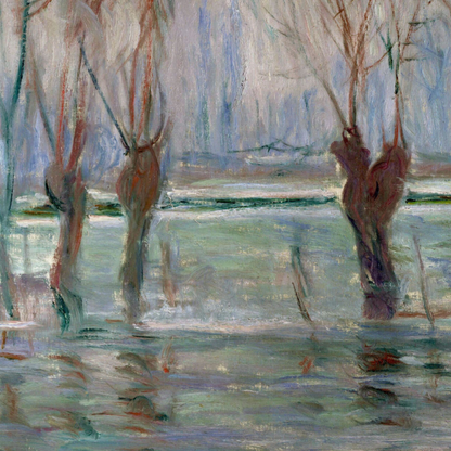 Close-up of brown willow trunks reflected in cool blue-green water.