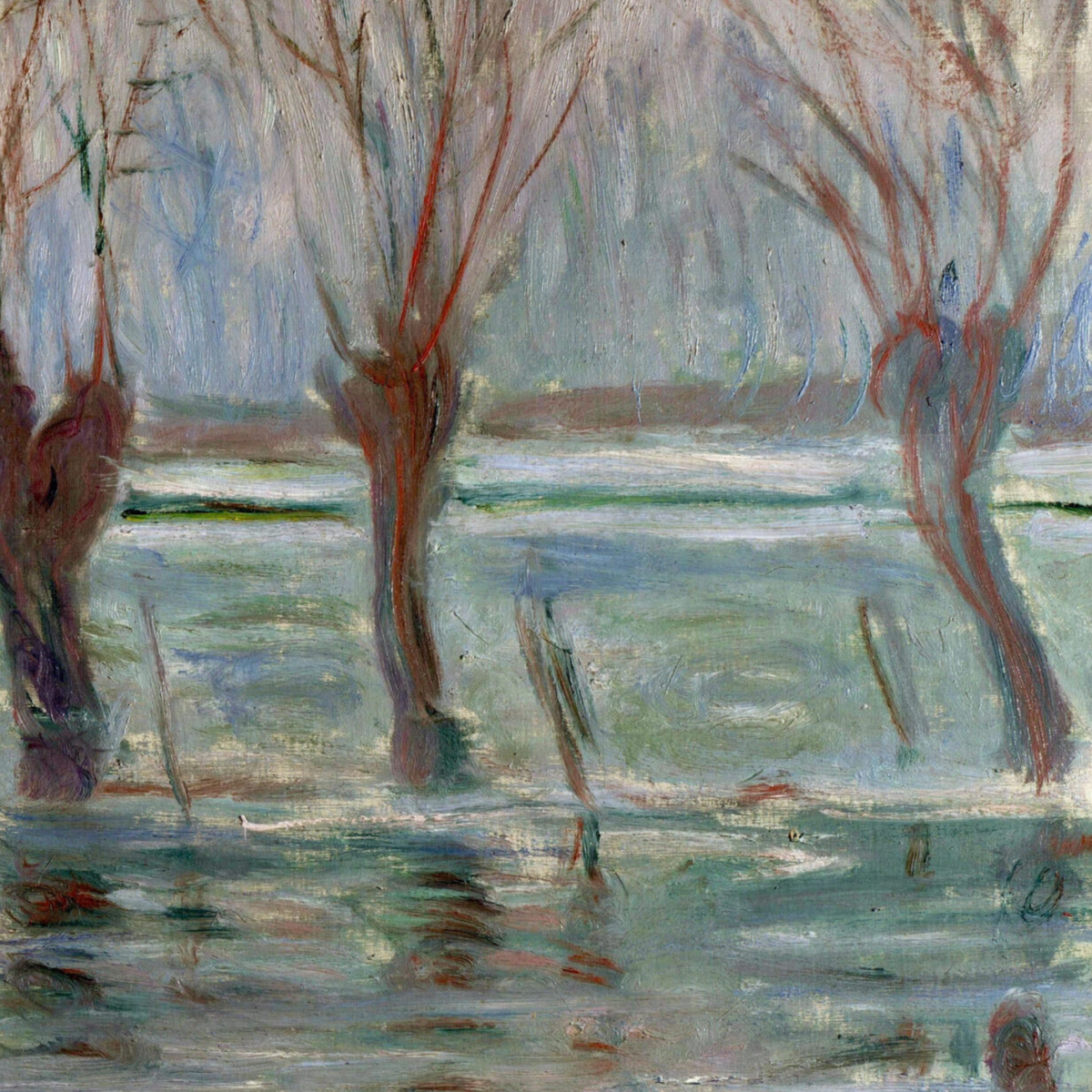 Detail of bare willow branches and softly painted water reflections.