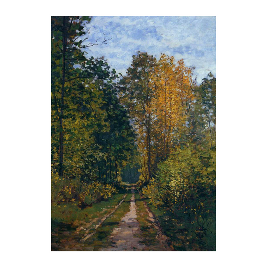 Narrow woodland path framed by tall trees and green-gold foliage.
