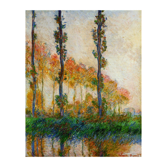 Tall poplars with orange-green foliage reflected in the river.