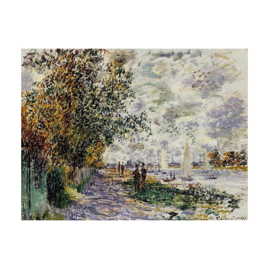 White sailboats beside a tree-lined riverside path with figures.