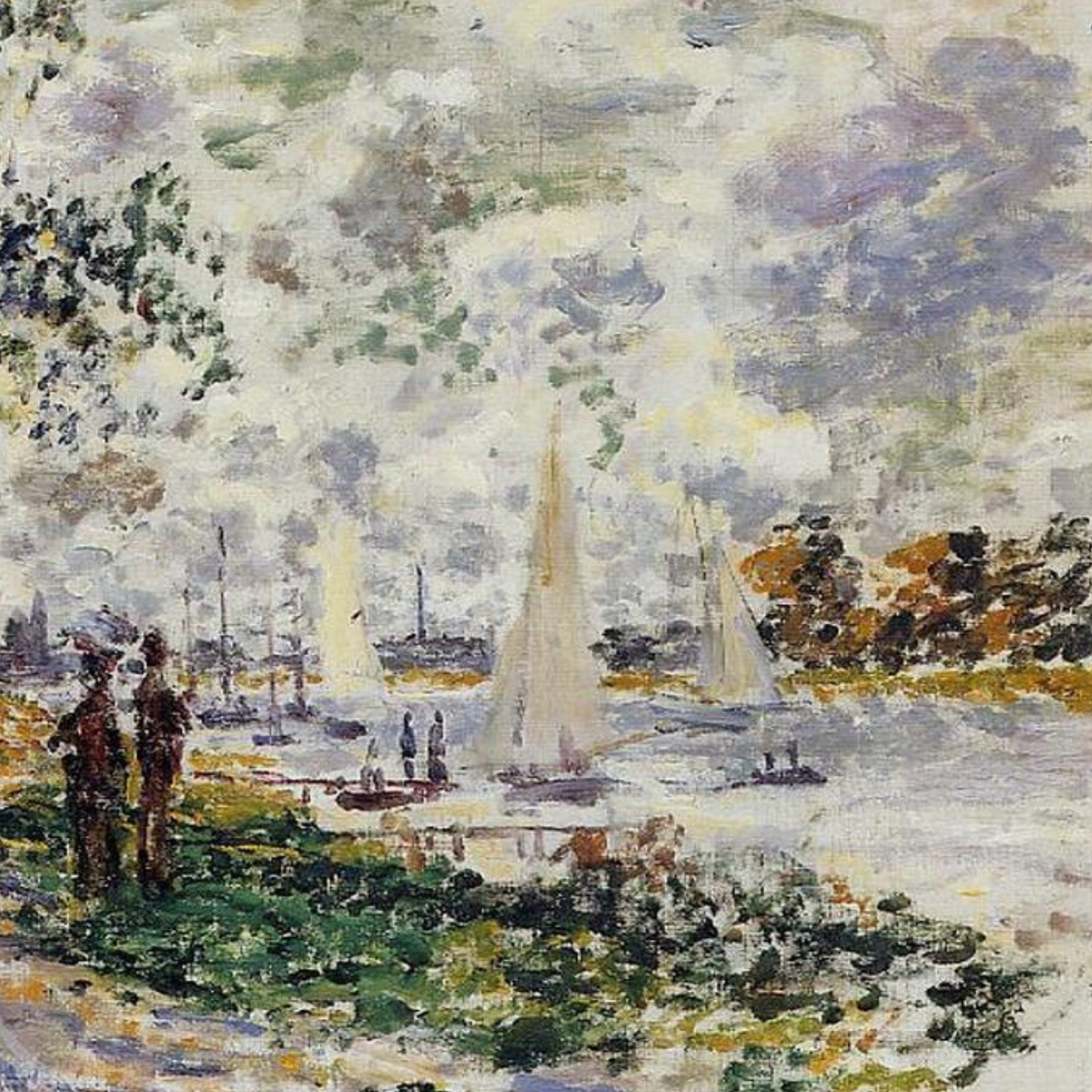 Detail of white sails on the river beneath an expressive cloudy sky.