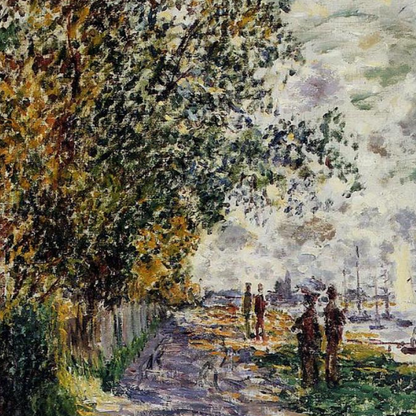 Close-up of trees, riverside figures and a shaded walking path.