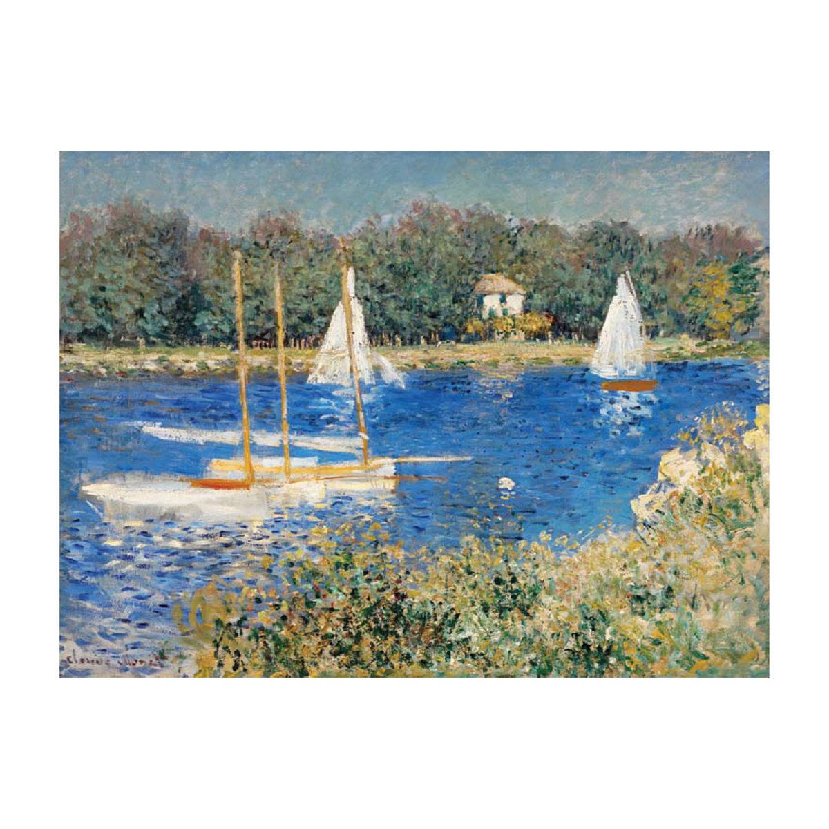 White sailboats on a bright blue river beside sunlit green banks.