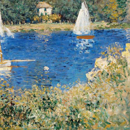Close-up of a white sailboat and blue water beside grassy foliage.