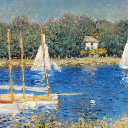 Detail of white sails and trees along the far riverbank.