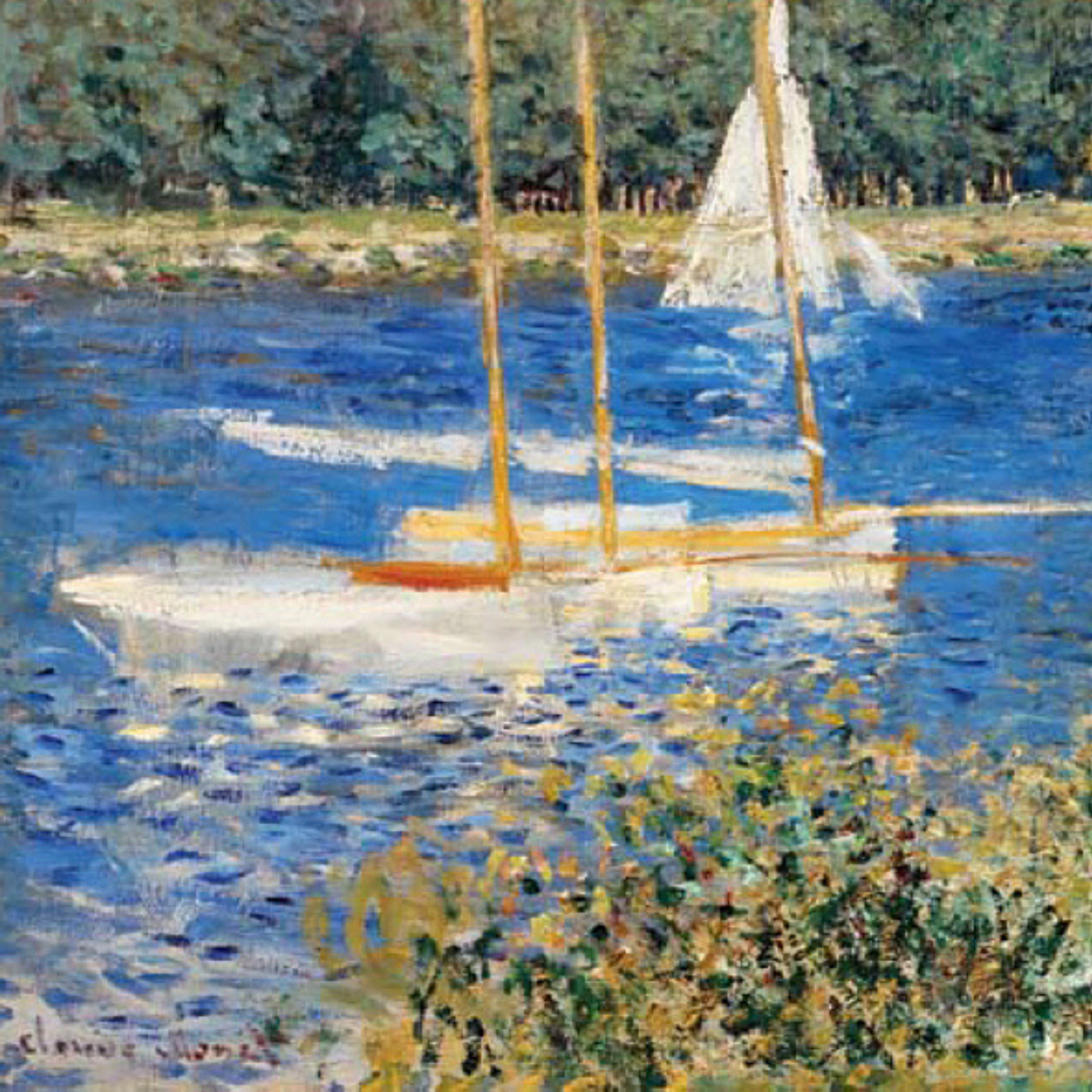 Close-up of moored sailboats and rippling blue reflections.