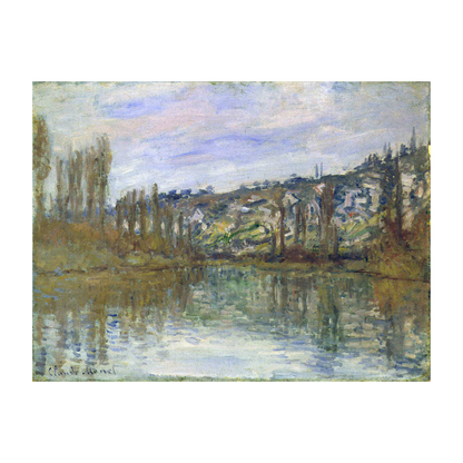 River landscape with tall trees, hillside houses and blue-green reflections.