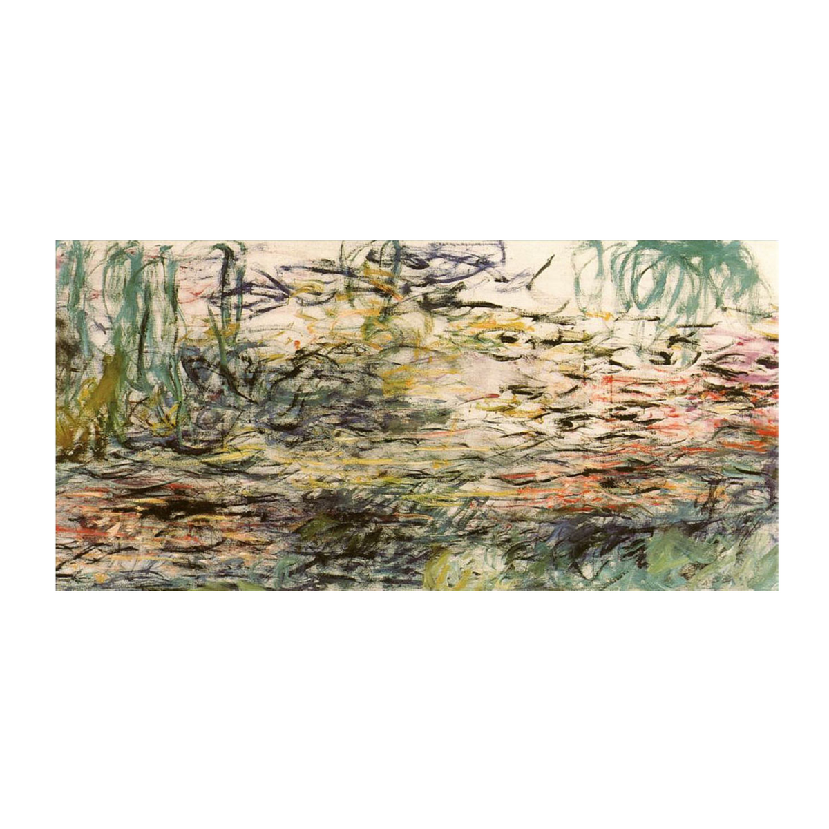 Expressive water-lily pond with loose green, pink and cream brushwork.