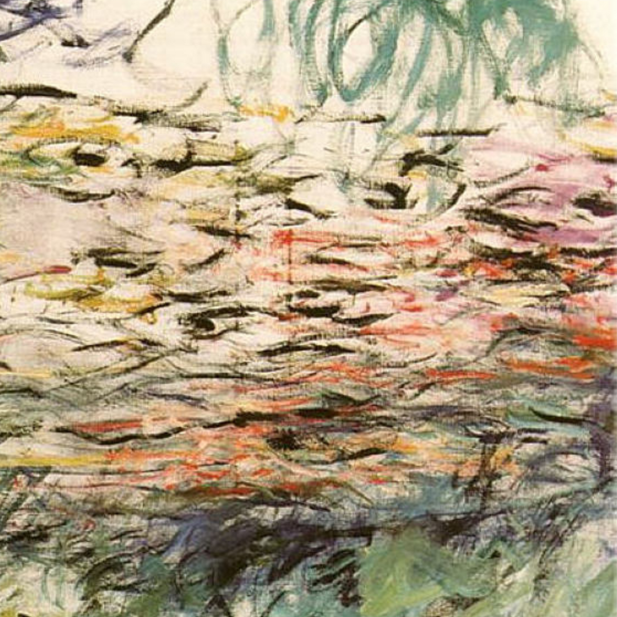 Close-up of pink and green strokes suggesting lily pads on water.