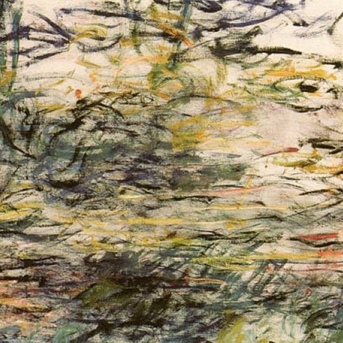Close-up of layered brushwork across the water-lily composition.